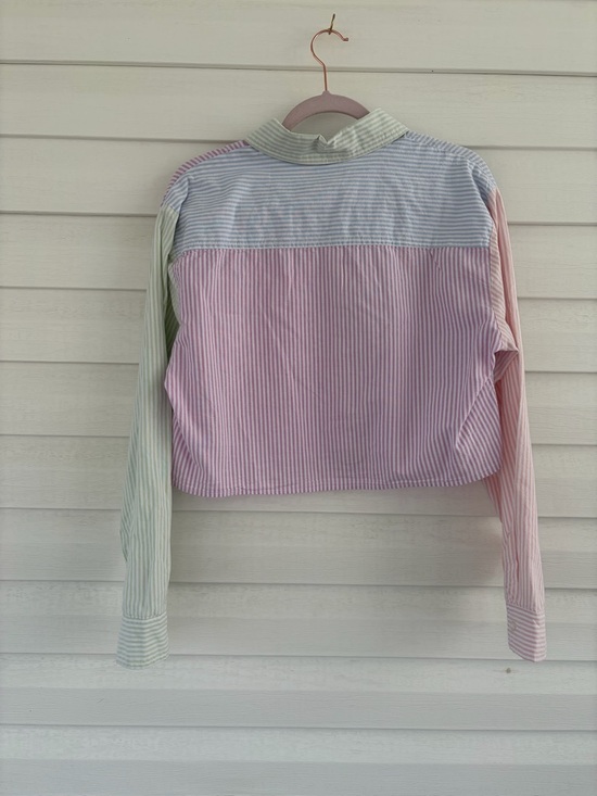 Arizona Jean Company Pastel Striped Cropped Button Up Preppy Coquette Shirt - Picture 2 of 5